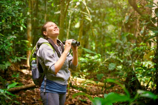 Hiker watching through binoculars wild birds in nature