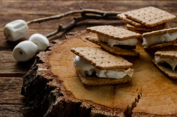 Fresh homemade smores with marshmallows, chocolate and graham crackers. The popular American dessert.