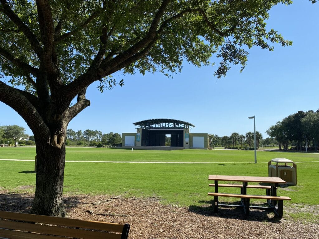 View of the amphitheater and outdoor concert arena at Aaron Bessant Park
