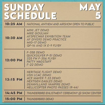Sunday May 5th 2024 schedule for the Gulf Coast Salute Air Show is the same as Saturday